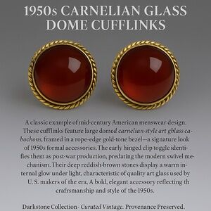 Vintage 1950s Gold-Tone Cufflinks w/ Domed Carnelian Glass Cabochons – Rope Edge
